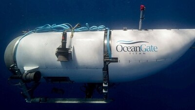 The Titan submersible, operated by OceanGate Expeditions to explore the wreckage of the sunken SS Titanic off the coast of Newfoundland, dives in an undated photograph (OceanGate Expeditions/Handout via REUTERS) (via REUTERS)