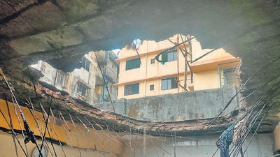 Thane, India - June, 28, 2023: Due to heavy rains in Thane . Mumbra reti bander 3 store building slab collapsed of one flat .no injury ,in Thane, in Mumbai, India, on,wednesday, June, 28, 2023. ( Praful Gangurde / HT Photo ) Thane, India - June, 28, 2023: Due to heavy rains in Thane . Mumbra reti bander 3 store building slab collapsed of one flat .no injury ,in Thane, in Mumbai, India, on,wednesday, June, 28, 2023. ( Praful Gangurde / HT Photo )