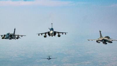 The 'Bone' Rockwell B1 Lancer of the United States Air Force (USAF) flying with other participating fighter aircraft during Exercise Cope India 23 in April (IAF Twitter/ANI) The 'Bone' Rockwell B1 Lancer of the United States Air Force (USAF) flying with other participating fighter aircraft during Exercise Cope India 23 in April (IAF Twitter/ANI)