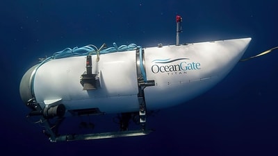 This photo provided by OceanGate Expeditions shows a submersible vessel named Titan used to visit the wreckage site of the Titanic. (AP) This photo provided by OceanGate Expeditions shows a submersible vessel named Titan used to visit the wreckage site of the Titanic. (AP)
