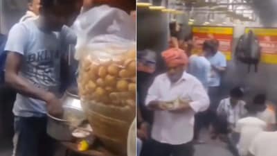 The image shows a man selling pani puri inside a local train. (Screengrab) The image shows a man selling pani puri inside a local train. (Screengrab)