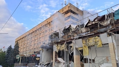 A view shows a building of a restaurant heavily damaged by a Russian missile strike, amid Russia's attack on Ukraine. (via REUTERS)
