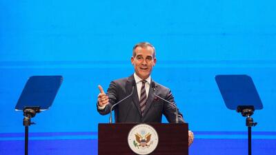 US Ambassador Eric Garcetti delivers his speech on 'Peace, Prosperity, Planet, Peopl: A New Chapter for U.S.-India Relations' at IIT Delhi on Wednesday (PTI) US Ambassador Eric Garcetti delivers his speech on 'Peace, Prosperity, Planet, Peopl: A New Chapter for U.S.-India Relations' at IIT Delhi on Wednesday (PTI)