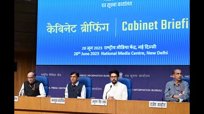 Union Minister for Health and Family Welfare Mansukh Mandaviya and Union Minister for Information and Broadcasting Anurag Singh Thakur brief the media on Cabinet decisions in New Delhi on Wednesday. (ANI/PIB) Union Minister for Health and Family Welfare Mansukh Mandaviya and Union Minister for Information and Broadcasting Anurag Singh Thakur brief the media on Cabinet decisions in New Delhi on Wednesday. (ANI/PIB)