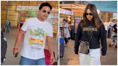 Bhumi Pednekar (right) and her rumoured boyfriend at Mumbai airport on Wednesday. (Viral Bhayani) Bhumi Pednekar (right) and her rumoured boyfriend at Mumbai airport on Wednesday. (Viral Bhayani)