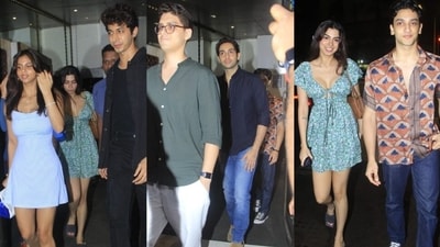 Suhana Khan, Khushi Kapoor, Agastya Nanda and Vedant Raina and Mihir Ahuja outside a Mumbai restaurant. Suhana Khan, Khushi Kapoor, Agastya Nanda and Vedant Raina and Mihir Ahuja outside a Mumbai restaurant.