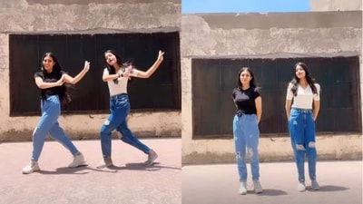 The image, taken from the viral video, shows two women grooving to the song Aage Peeche. (Instagram/@khushi__singhh27) The image, taken from the viral video, shows two women grooving to the song Aage Peeche. (Instagram/@khushi__singhh27)