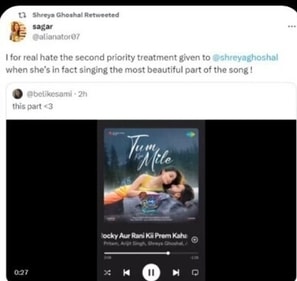 Shreya Ghoshal retweets post about Tum Kya Mile.
