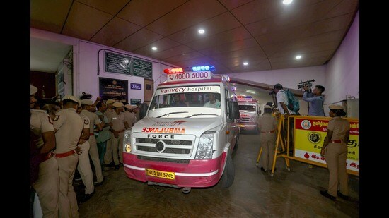 An ambulance brings arrested Tamil Nadu minister V Senthil Balaji to a private hospital for further treatment. (PTI)