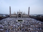 Muslims offer their namaz at Jama Masjid on the occasion of EidAlAdha, in New Delhi. (HT Photo by Sanjeev Verma)