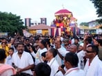 Devotees participate in the �Bahuda Rath Yatra� (return journey) of Hindu deities Jagannath, Balabhadra and Subhadra, at Jagdalpur in Bastar district, Wednesday,