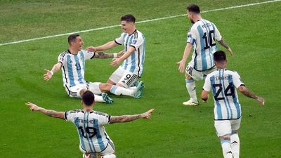 Angel Di Maria celebrates after scoring in the 2022 FIFA World Cup final. (AP) Angel Di Maria celebrates after scoring in the 2022 FIFA World Cup final. (AP)