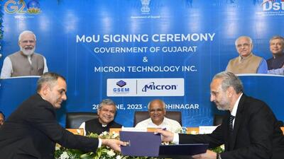 At the event in Gandhinagar, the company said that it will create 5,000 direct and 15,000 indirect jobs. (Twitter | Gujarat CMO) At the event in Gandhinagar, the company said that it will create 5,000 direct and 15,000 indirect jobs. (Twitter | Gujarat CMO)