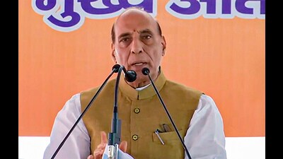 Defence Minister Rajnath Singh addresses a public meeting in Yamunanagar on Thursday. Mocking at Rahul without naming him, he said that there is a Congress leader who roams around saying that there is lot of “nafrat” in the country and he is here to open “mohabbat ki dukaan”, while asking the gathering if there is any “nafrat” here. (PTI)