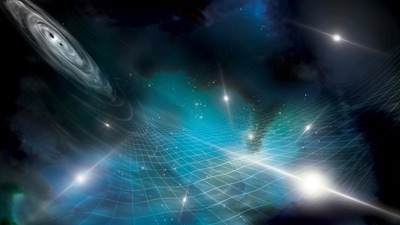 This illustration provided by researchers in June 2023 depicts gravitational waves stretching and squeezing space-time in the universe. (AP) This illustration provided by researchers in June 2023 depicts gravitational waves stretching and squeezing space-time in the universe. (AP)