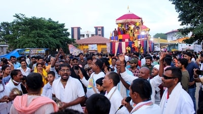 Devotees participate in the �Bahuda Rath Yatra� (return journey) of Hindu deities Jagannath, Balabhadra and Subhadra, at Jagdalpur in Bastar district, Wednesday, (PTI)