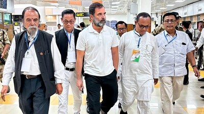 **EDS: IMAGE VIA AICC** Imphal: Congress leader Rahul Gandhi arrives at Imphal airport, Manipur, Thursday, June 29, 2023. (PTI Photo)(PTI06_29_2023_000074A) (PTI) **EDS: IMAGE VIA AICC** Imphal: Congress leader Rahul Gandhi arrives at Imphal airport, Manipur, Thursday, June 29, 2023. (PTI Photo)(PTI06_29_2023_000074A) (PTI)