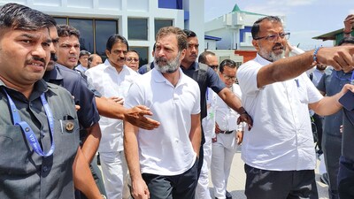 Congress leader Rahul Gandhi arrives at Imphal airport, Manipur. (PTI) Congress leader Rahul Gandhi arrives at Imphal airport, Manipur. (PTI)