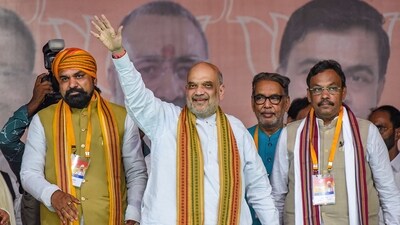 Union Home Minister Amit Shah with Bihar BJP President Samrat Choudhary during a public meeting in Lakhisarai district. (PTI) Union Home Minister Amit Shah with Bihar BJP President Samrat Choudhary during a public meeting in Lakhisarai district. (PTI)