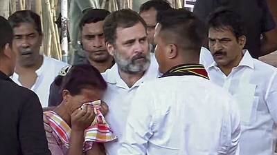 Congress leader Rahul Gandhi meets people displaced by the violence in Manipur, at a relief camp in Churachandpur, (PTI) Congress leader Rahul Gandhi meets people displaced by the violence in Manipur, at a relief camp in Churachandpur, (PTI)