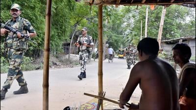 Security personnel patrol to maintain law and order ahead of West Bengal panchayat elections in South Dinajpur. (ANI Photo) Security personnel patrol to maintain law and order ahead of West Bengal panchayat elections in South Dinajpur. (ANI Photo)