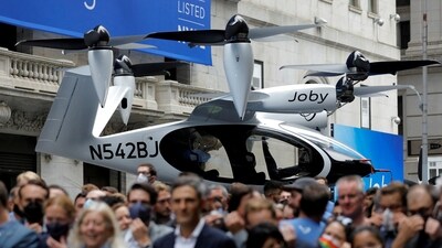 A Joby Aviation Air Taxi is seen outside of the New York Stock Exchange (NYSE) ahead of their listing in Manhattan, New York City, U.S. (REUTERS)
