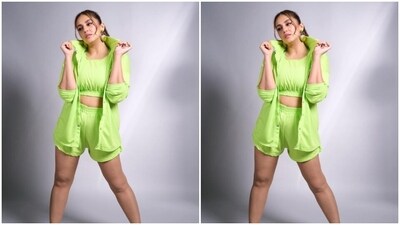 "Current relationship status - In love with my coconut earrings," Huma captioned her pictures as she accessorised her look in matching green coconut-shaped earrings from the house of Deepa Gurnani.&nbsp; (Instagram/@iamhumaq)