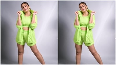 Huma decked up in a green cropped top with a round neckline. Showing off her toned midriff, she teamed it with a pair of matching shorts and a jacket with rolled up sleeves.&nbsp; (Instagram/@iamhumaq)