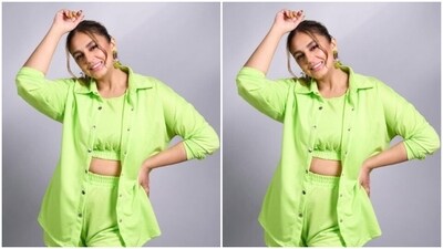 Huma played muse to fashion designer house FancyPants and picked a neon green co-ord set from the shelves of the designer house.&nbsp; (Instagram/@iamhumaq)