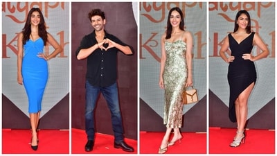 Pooja Hegde, Kartik Aaryan, Manushi Chillar and Mrunal Thakur at Satyaprem Ki Katha screening. (Varinder Chawla) Pooja Hegde, Kartik Aaryan, Manushi Chillar and Mrunal Thakur at Satyaprem Ki Katha screening. (Varinder Chawla)