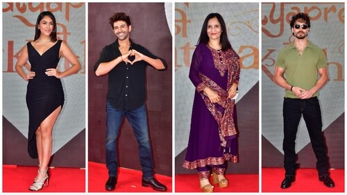 Mrunal Thakur, Kartik Aaryan and his mom and Tiger Shroff at Satyaprem Ki Katha screening. (Varinder Chawla) Mrunal Thakur, Kartik Aaryan and his mom and Tiger Shroff at Satyaprem Ki Katha screening. (Varinder Chawla)