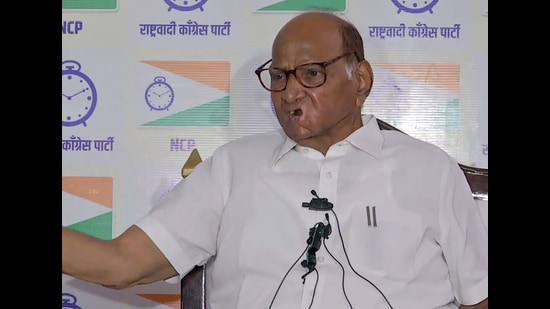 Nationalist Congress Party (NCP) chief Sharad Pawar addresses the press conference in Pune on Thursday. (ANI)