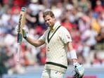 Steven Smith acknowledges the crowd after being given out caught by England's Ben Duckett off the bowling Josh Tongue. Smith scored his 32nd Test ton.&nbsp;