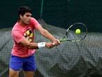 Spain's Carlos Alcaraz practices at the All England Lawn Tennis and Croquet Club in Wimbledon, Friday June 30, 2023, ahead of the championships