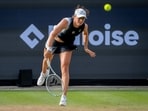 Poland's Iga Swiatek serves against Russia's Anna Blinkova in the quarterfinal at the WTA tennis tournament in Bad Homburg