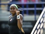 Coco Gauff celebrates after winning against Jessica Pegula during their women's singles quarter-final at Eastbourne International