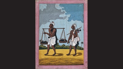 A gouache painting of Indian perfume sellers from 1840. By about 500 CE, perfume making in India had entered the historical record. (Wikimedia Commons) A gouache painting of Indian perfume sellers from 1840. By about 500 CE, perfume making in India had entered the historical record. (Wikimedia Commons)
