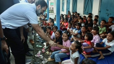 Congress leader Rahul Gandhi interacts with children who are victims of Manipur violence during his visit to relief camp, in Churachandpur on Thursday. (ANI) Congress leader Rahul Gandhi interacts with children who are victims of Manipur violence during his visit to relief camp, in Churachandpur on Thursday. (ANI)
