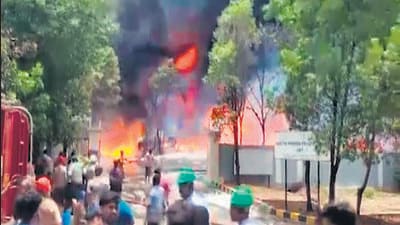 According to police, the blast took place because of mishandling of the chemical reactor by a worker. The entire unit was engulfed in flames within minutes and as many as 11 fire tenders pressed into service to douse the fire, police said (ANI) According to police, the blast took place because of mishandling of the chemical reactor by a worker. The entire unit was engulfed in flames within minutes and as many as 11 fire tenders pressed into service to douse the fire, police said (ANI)