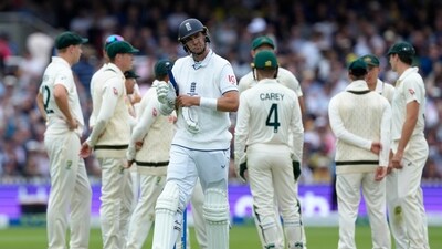 Stuart Broad reacts as he walks off the field after losing his wicket during the third day of the second Ashes Test match between England and Australia (AP) Stuart Broad reacts as he walks off the field after losing his wicket during the third day of the second Ashes Test match between England and Australia (AP)