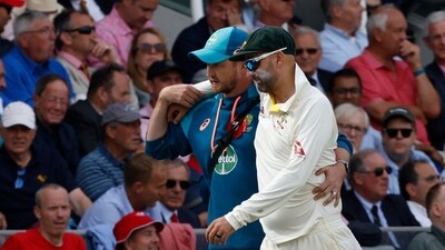 Nathan Lyon hobbled off and didn't bowl for the rest of the day after picking a calf niggle. (AFP) Nathan Lyon hobbled off and didn't bowl for the rest of the day after picking a calf niggle. (AFP)