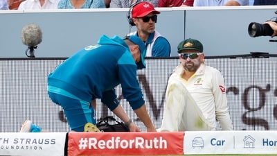 Australia's Nathan Lyon receives medical attention after sustaining an injury (Action Images via Reuters)