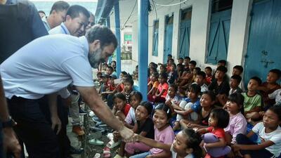 Congress leader Rahul Gandhi at a relief camp in Churachandpur on Thursday. (ANI) Congress leader Rahul Gandhi at a relief camp in Churachandpur on Thursday. (ANI)