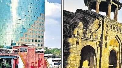 Gurugram's Gateway Tower (left) and 'Jahaz Mahal'