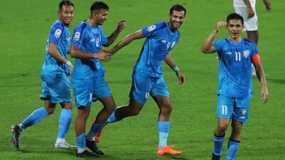 Sunil Chhetri celebrates with teammates after scoring a goal against Pakistan (AFP) Sunil Chhetri celebrates with teammates after scoring a goal against Pakistan (AFP)
