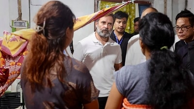 Imphal: Congress leader Rahul Gandhi meets with violence-affected families at Ideal Girls College relief camp in Imphal, Manipur, Thursday, June 29, 2023. (PTI Photo)(PTI06_30_2023_000073B) (PTI)