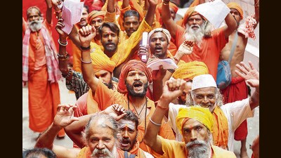 Sadhus waiting to get registered for the yatra in Jammu on Friday. (PTI) Sadhus waiting to get registered for the yatra in Jammu on Friday. (PTI)