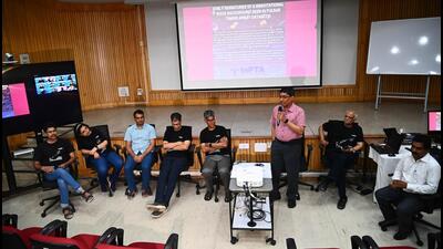 Scientists at the press conference on the find of hint for relentless humming of universe by low frequency gravitational waves at NCRA in SPPU in Pune, on Thursday. The Pune-based Upgraded Giant Metrewave Radio Telescope (uGMRT) was among the world’s six large telescopes used to analyse pulsar data collected over 25 years. (KALPESH NUKTE/HT) Scientists at the press conference on the find of hint for relentless humming of universe by low frequency gravitational waves at NCRA in SPPU in Pune, on Thursday. The Pune-based Upgraded Giant Metrewave Radio Telescope (uGMRT) was among the world’s six large telescopes used to analyse pulsar data collected over 25 years. (KALPESH NUKTE/HT)