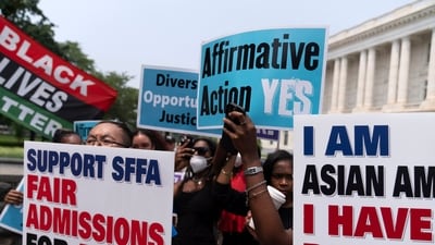 Demonstrators protest outside of the Supreme Court in Washington, Thursday, June 29, 2023, after the Supreme Court struck down affirmative action in college admissions, saying race cannot be a factor. (AP) Demonstrators protest outside of the Supreme Court in Washington, Thursday, June 29, 2023, after the Supreme Court struck down affirmative action in college admissions, saying race cannot be a factor. (AP)