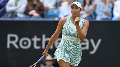 US player Madison Keys reacts after winning a point against US player Coco Gauff during their women's singles semi-final tennis match (AFP)